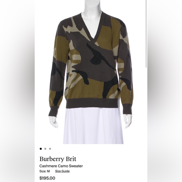 {Burberry 100% Cashmere Camouflage V-Neck Sweater Small Luxury Green Black} - Picture 9 of 16